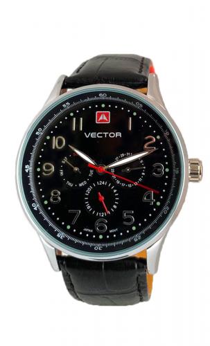 Мужские кэжуал часы VECTOR VH8-018512 black с датой, днем недели и цифрами на черном циферблате, кожаный ремешок.