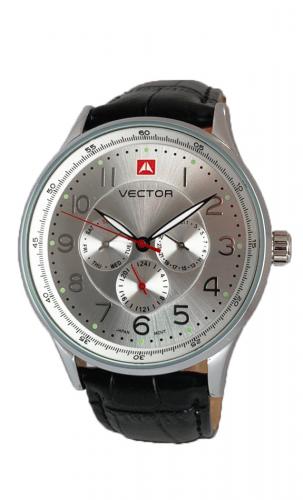 Мужские кэжуал часы VECTOR VH8-018512 steel с датой и днем недели на серебристом циферблате, на черном кожаном ремешке.