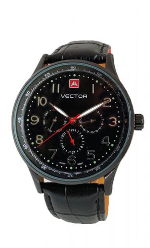Мужские кэжуал часы VECTOR VH8-018552 black черные с датой, днем недели и арабскими цифрами, на кожаном ремешке.