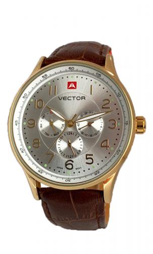 Мужские часы в позолоченном gold корпусе VECTOR VH8-018592 steel с датой, днем недели и цифрами, на кожаном ремешке.