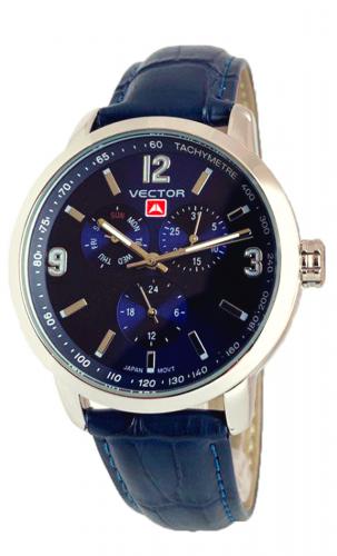 Синие мужские часы VECTOR VH8-019513 blue с датой, днем недели и арабскими цифрами, на кожаном ремешке, Neobrite.