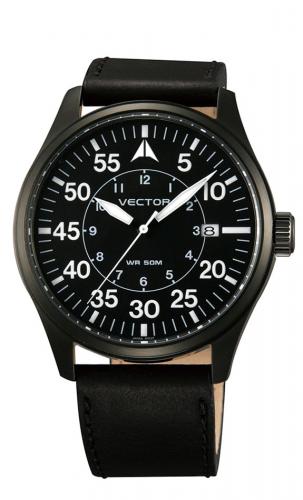 Механические мужские часы VECTOR VM8-001557 black черные с датой и арабскими цифрами на циферблате, кожаный ремень.