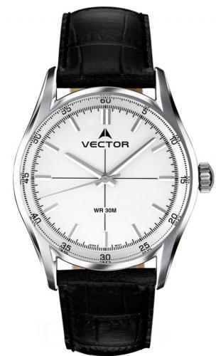 Классические мужские часы VECTOR V8-039518 white с белым циферблатом на черном кожаном ремешке, водонепроницаемые.