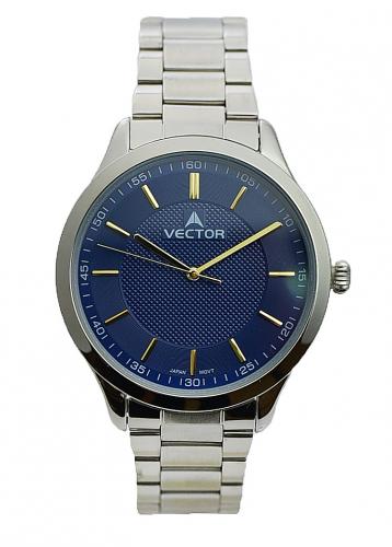 Классические мужские часы VECTOR V8-109413 blue с синим циферблатом на браслете, позолоченные индексы и стрелки.