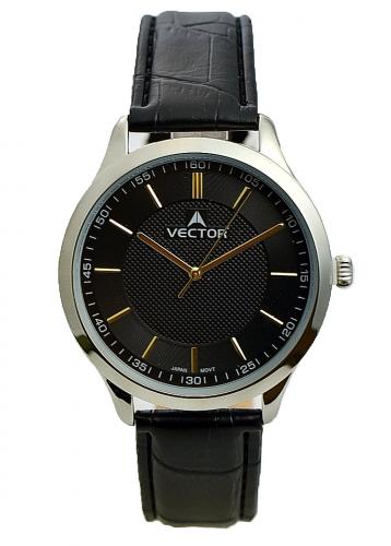 Классические мужские часы VECTOR V8-109513 black черные на кожаном ремешке, позолоченные индексы и стрелки, wr 30m.