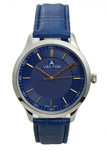 Классические мужские часы VECTOR V8-109513 blue синие на кожаном ремешке, позолоченные индексы и стрелки, wr 30m.