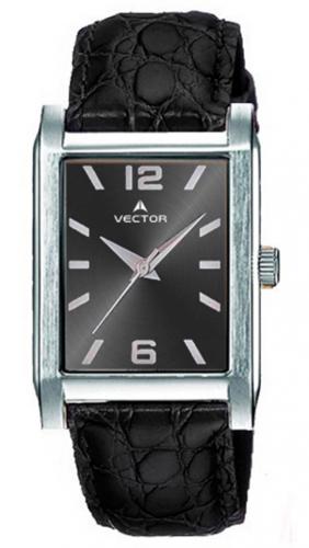 Прямоугольные классические мужские часы VECTOR V8-112513 black черные на кожаном ремешке, водонепроницаемые.