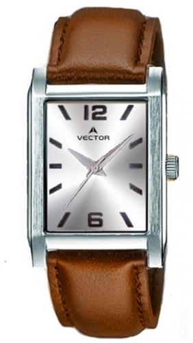 Прямоугольные классические мужские часы VECTOR V8-112513 steel на гладком коричневом кожаном ремешке, wr 30m.