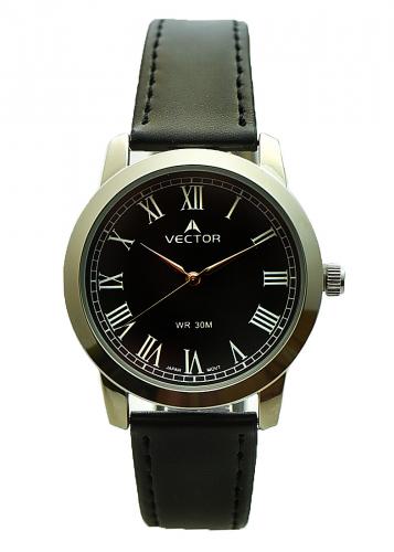 Классические мужские часы VECTOR V8-121515 black с римскими цифрами на черном циферблате, гладкий кожаный ремешок.