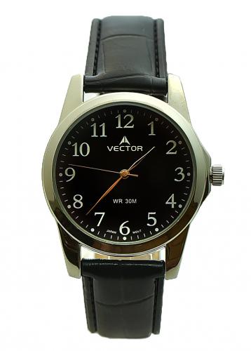 Классические мужские часы VECTOR V8-122512 black черные с арабскими цифрами на кожаном ремешке, водонепроницаемые.