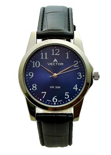 Классические мужские часы VECTOR V8-122512 blue с арабскими цифрами на синем циферблате, черный кожаный ремешок.