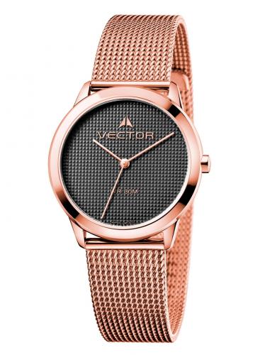 Позолоченные rose gold мужские фэшн часы VECTOR V8-124481 black с черным циферблатом на миланском браслете.