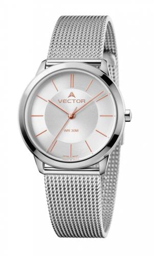 Женские наручные часы VECTOR V9-0094139 steel серые с индексами и стрелками Rose Gold на миланском браслете, wr 30m.