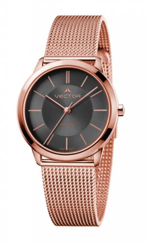 Позолоченные женские часы VECTOR V9-0094839 black с черным циферблатом, IP Rose Gold, браслет миланское плетение.
