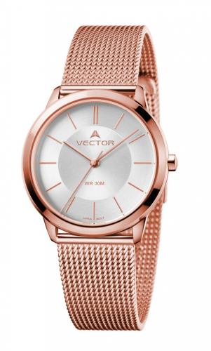 Позолоченные женские часы VECTOR V9-0094839 steel с серебристым циферблатом, IP Rose Gold, браслет миланское плетение.