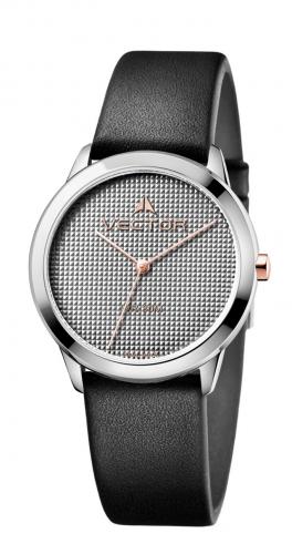 Модные женские часы VECTOR V9-011561 gray с пиксельным серым циферблатом на черном кожаном ремешке, wr 30m.