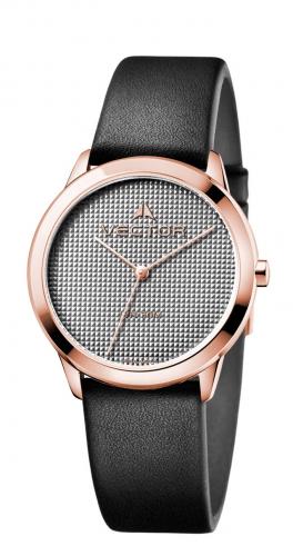 Позолоченные IP Rose Gold женские часы VECTOR V9-011581 gray с пиксельным серым циферблатом на черном кожаном ремешке.