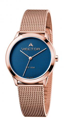 Женские фэшн часы VECTOR V9-012481 blue с пиксельным синим циферблатом на браслете миланское плетение IP Rose Gold.