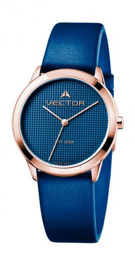 Позолоченные IP Rose Gold женские часы VECTOR V9-012581 blue с пиксельным синим циферблатом на синем кожаном ремешке.