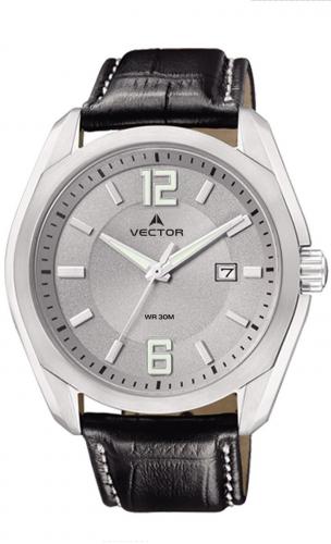 Классические мужские ретро часы VECTOR VC8-017513 gray с крупными арабскими цифрами и Neobrite на сером циферблате.