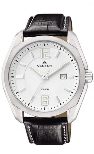 Классические мужские ретро часы VECTOR VC8-017513 steel с крупными арабскими цифрами и Neobrite на белом циферблате.