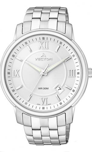 Классические мужские часы VECTOR VC8-018415 steel с датой и римскими цифрами на серебристом циферблате, на браслете.