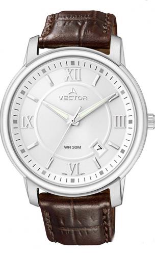 Классические мужские часы VECTOR VC8-018515 steel с датой и римскими цифрами на серебристом циферблате, на ремешке.