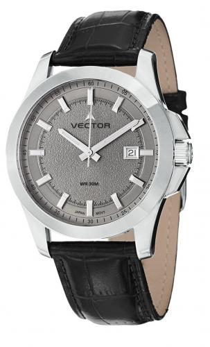 Классические мужские часы VECTOR VC8-024513 gray с серым циферблатом и датой на черном кожаном ремешке, wr 30m.