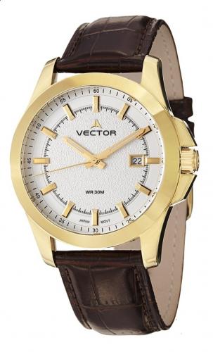 Позолоченные gold классические мужские часы VECTOR VC8-024593 steel с белым циферблатом и датой на кожаном ремешке.