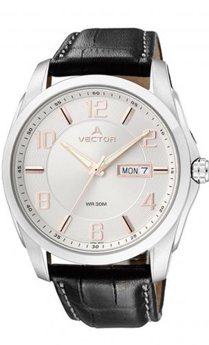 Крупные мужские часы в стиле кэжуал VECTOR VC8-0275134 steel с позолоценными цифрами и стрелками на белом циферблате.