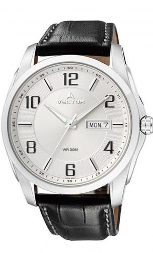 Крупные мужские часы в стиле кэжуал VECTOR VC8-027513 steel с большими арабскими цифрами на белом циферблате.