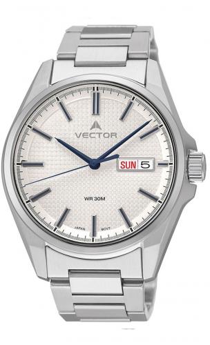 Классические мужские часы VECTOR VC8-048413 steel с воронеными стрелками, датой и днем недели на циферблате, браслет.