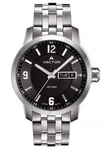 Мужские часы VECTOR VC8-059413 black с крупными стрелками, датой и днем недели на черном циферблате, стальной браслет.