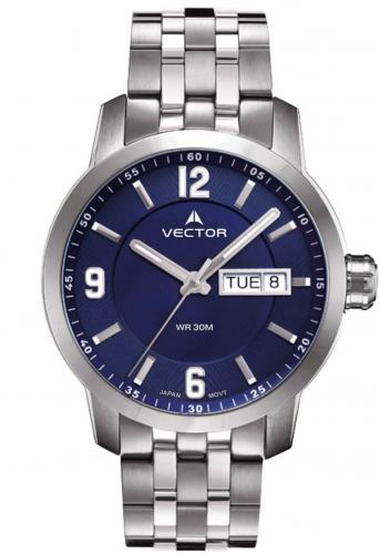 Мужские часы VECTOR VC8-059413 blue с крупными стрелками, датой и днем недели на синем циферблате, стальной браслет.