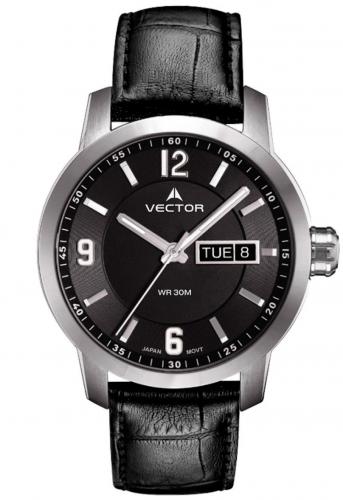 Мужские часы VECTOR VC8-059513 black черные с крупными стрелками, датой и днем недели, на кожаном ремешке, Neobrite.