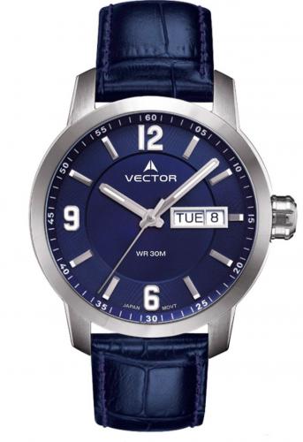 Мужские часы VECTOR VC8-059513 blue синие с крупными стрелками, датой и днем недели, на кожаном ремешке, Neobrite.