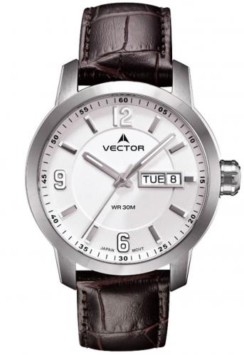 Мужские часы VECTOR VC8-059513 steel с крупными стрелками, датой и днем недели, на коричневом кожаном ремешке, Neobrite.