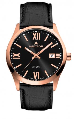 Позолоченные rose gold классические мужские часы VECTOR VC8-061585 black с датой и римскими цифрами на ремешке.