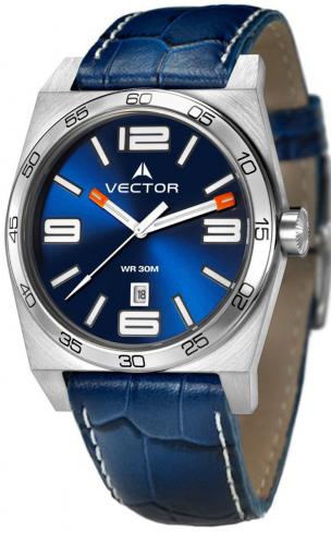 Прямоугольные спортивные мужские часы VECTOR VC8-075513 blue синие с датой и большими цифрами на кожаном ремешке.