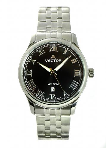 Классические мужские часы VECTOR VC8-1014151 black с римскими цифрами и датой на черном циферблате, стальной браслет.