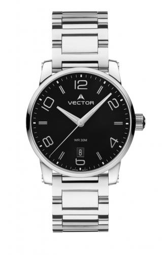 Крупные мужские часы VECTOR VC8-103412 black со сферическим минеральным стеклом, с датой на черном циферблате, на браслете.