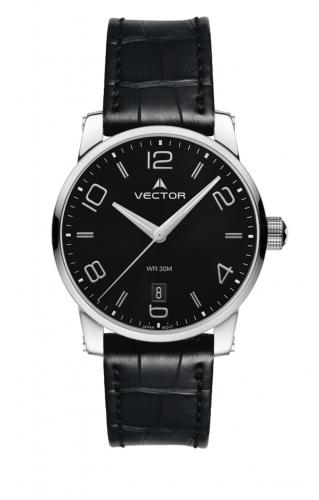 Крупные мужские часы VECTOR VC8-103412 black черные с датой, со сферическим минеральным стеклом, на кожаном ремне.
