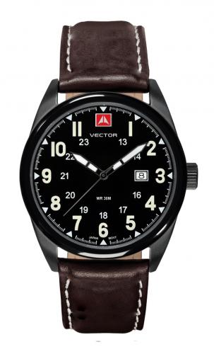Мужские милитари часы VECTOR VC8-107552 black черные с арабскими цифрами и датой, коричневый ремешок с заклепками.