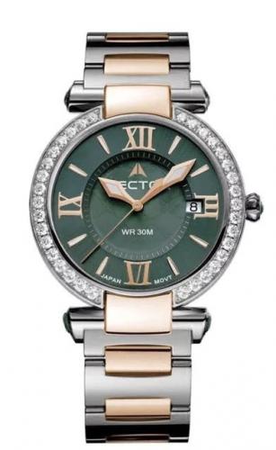 Биколорные Rose Gold женские часы VECTOR VC9-002465Q green с зеленым циферблатом на браслете, с кристаллами на корпусе.