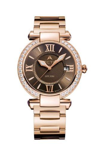Позолоченные Rose Gold женские часы VECTOR VC9-002485Q brown с коричневым циферблатом на браслете, с кристаллами.