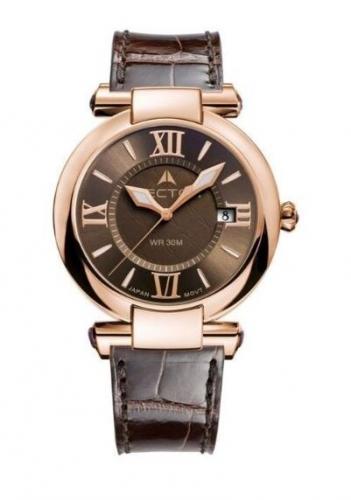 Позолоченные Rose Gold женские ретро часы VECTOR VC9-002585 brown коричневые на кожаном ремне с римскими цифрами.