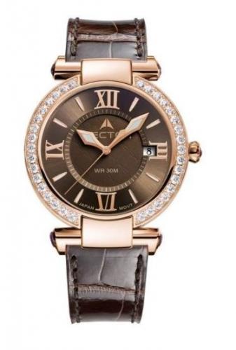 Позолоченные Rose Gold женские ретро часы VECTOR VC9-002585Q brown коричневые на кожаном ремне с кристаллами, wr 30m.