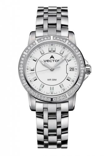 Женские фэшн часы VECTOR VC9-003413Q white с белым циферблатом на стальном браслете, с кристаллами на корпусе, wr 30m.