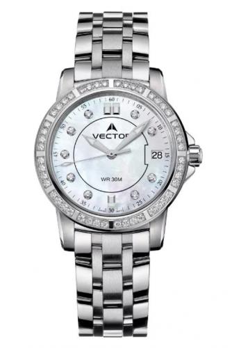 Женские фэшн часы с кристаллами VECTOR VC9-003413QZ pearl с перламутровым циферблатом на стальном браслете, wr 30m.