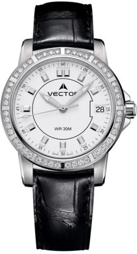Женские фэшн часы VECTOR VC9-003513Q white с белым циферблатом на черном кожаном ремне, с кристаллами на корпусе.
